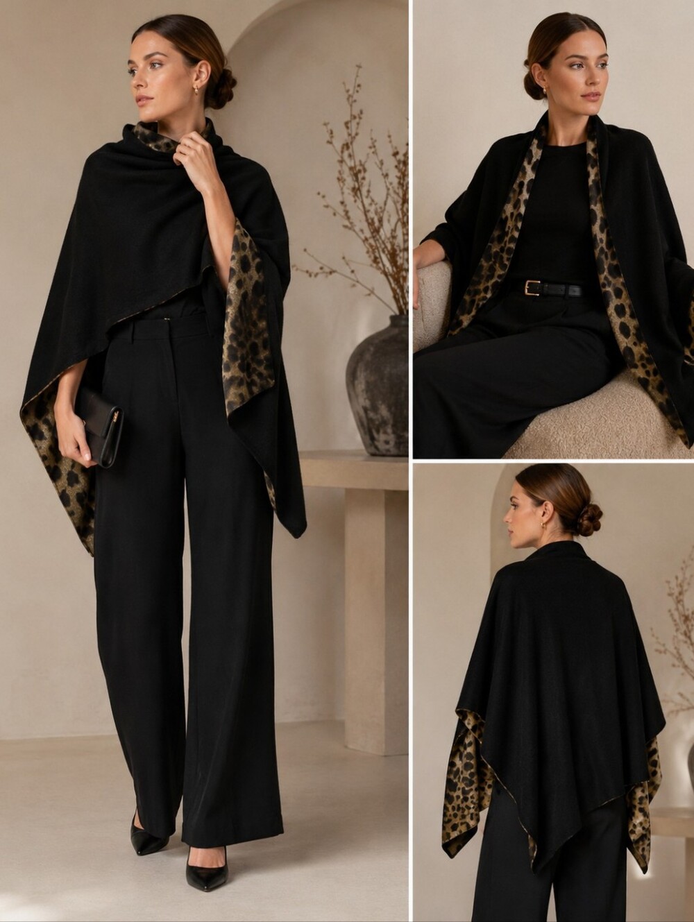 Nardi & Tagliaferri Made in Italy Wool Blend Leopard Shawl Wrap Ponch